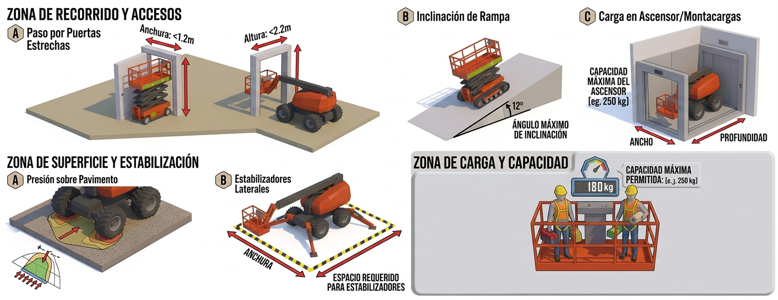 Dimensiones y accesos que deben comprobarse antes del alquiler