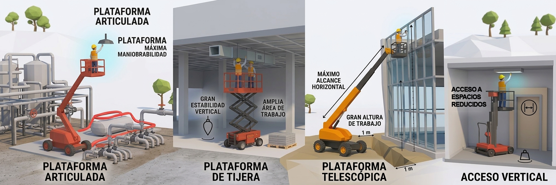 Comparación entre plataforma articulada, telescópica y de tijera