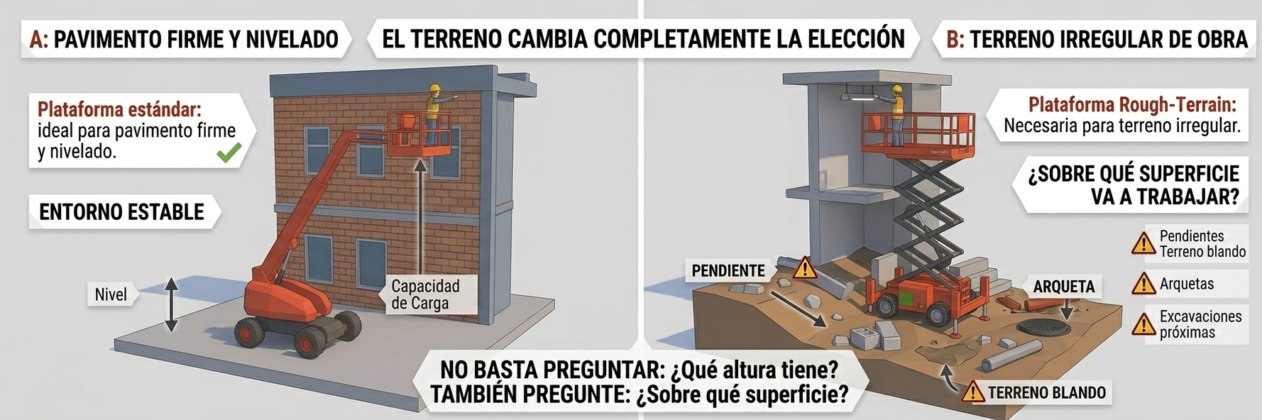 Selección de plataforma elevadora según el terreno