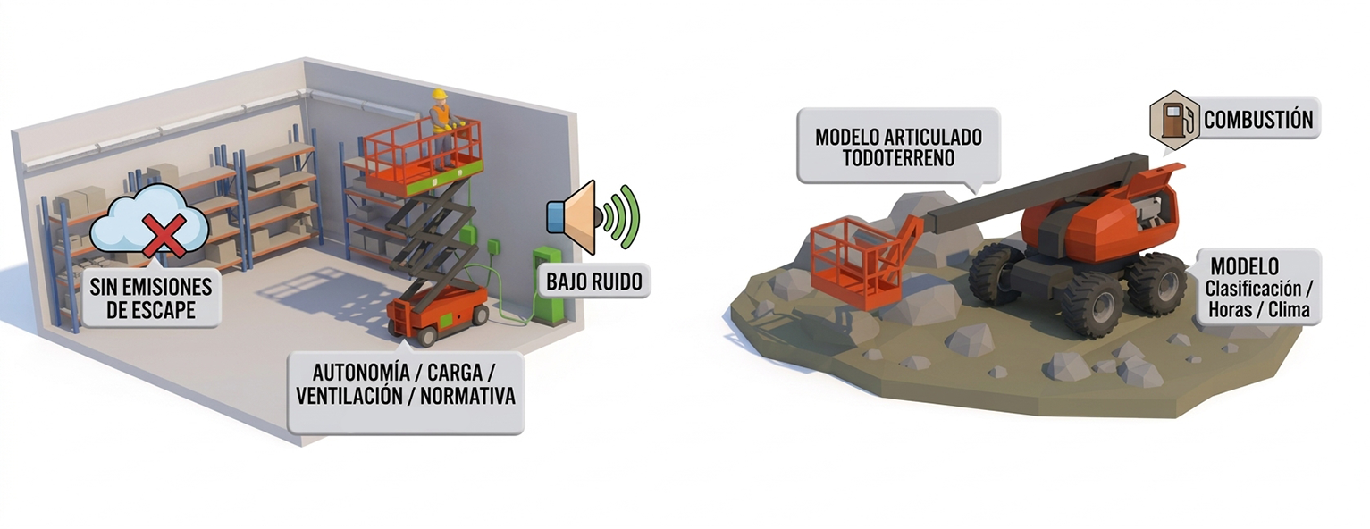 Interior, exterior y fuente de energía a la hora de elegir plataformas elevadoras